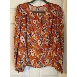 Flying Tomato Anthropology Long Sleeve Boho Top Orange Paisley Size Medium